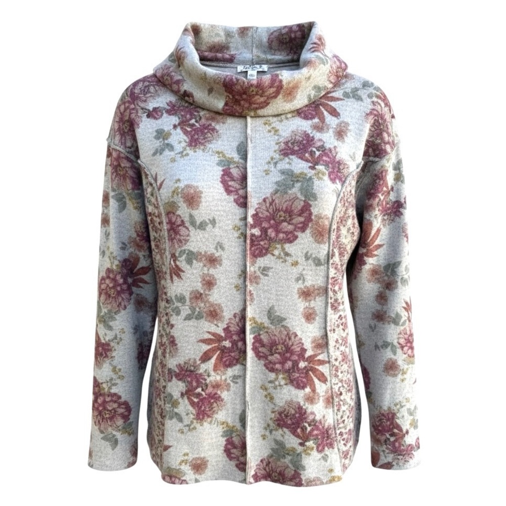 One World Floral Top Cowl Neck Sweater Light Cottage Core Tunic Sz XL